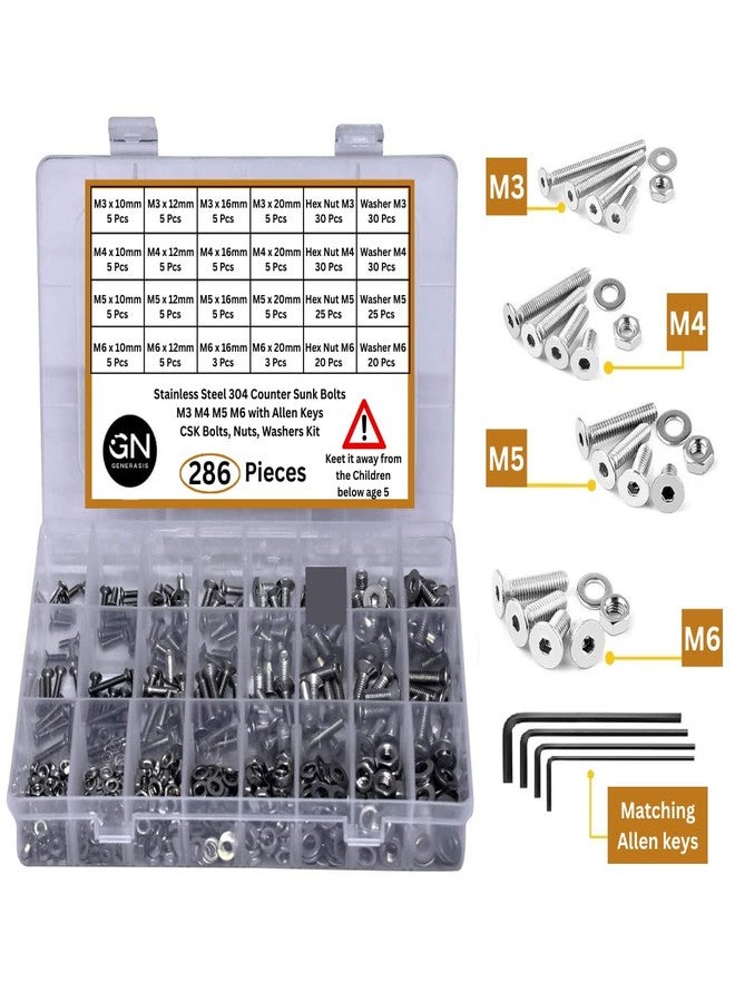 GENERASIS CSK Countersunk Allen Head Bolt Set - M3 M4 M5 M6 Sizes - 304 Stainless Steel Flat Head Allen Cap Screws with Hex Nuts, Washers & Allen Keys - 286-Piece Full Thread Assortment Kit - Image 2